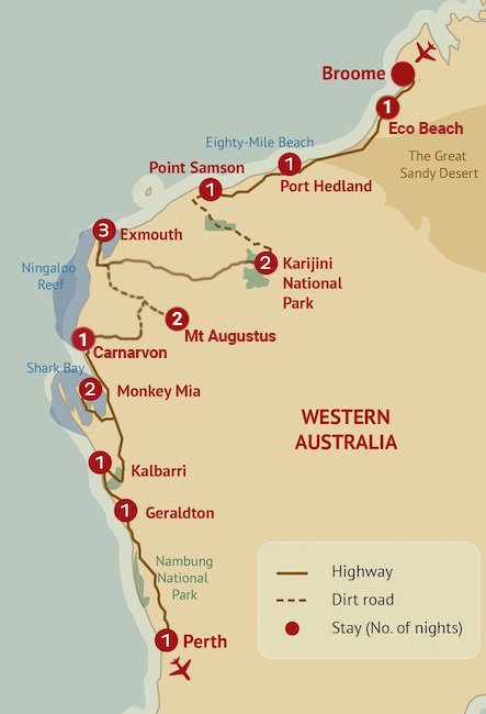 Jewels of the West Coast & Pilbara Tour route map
