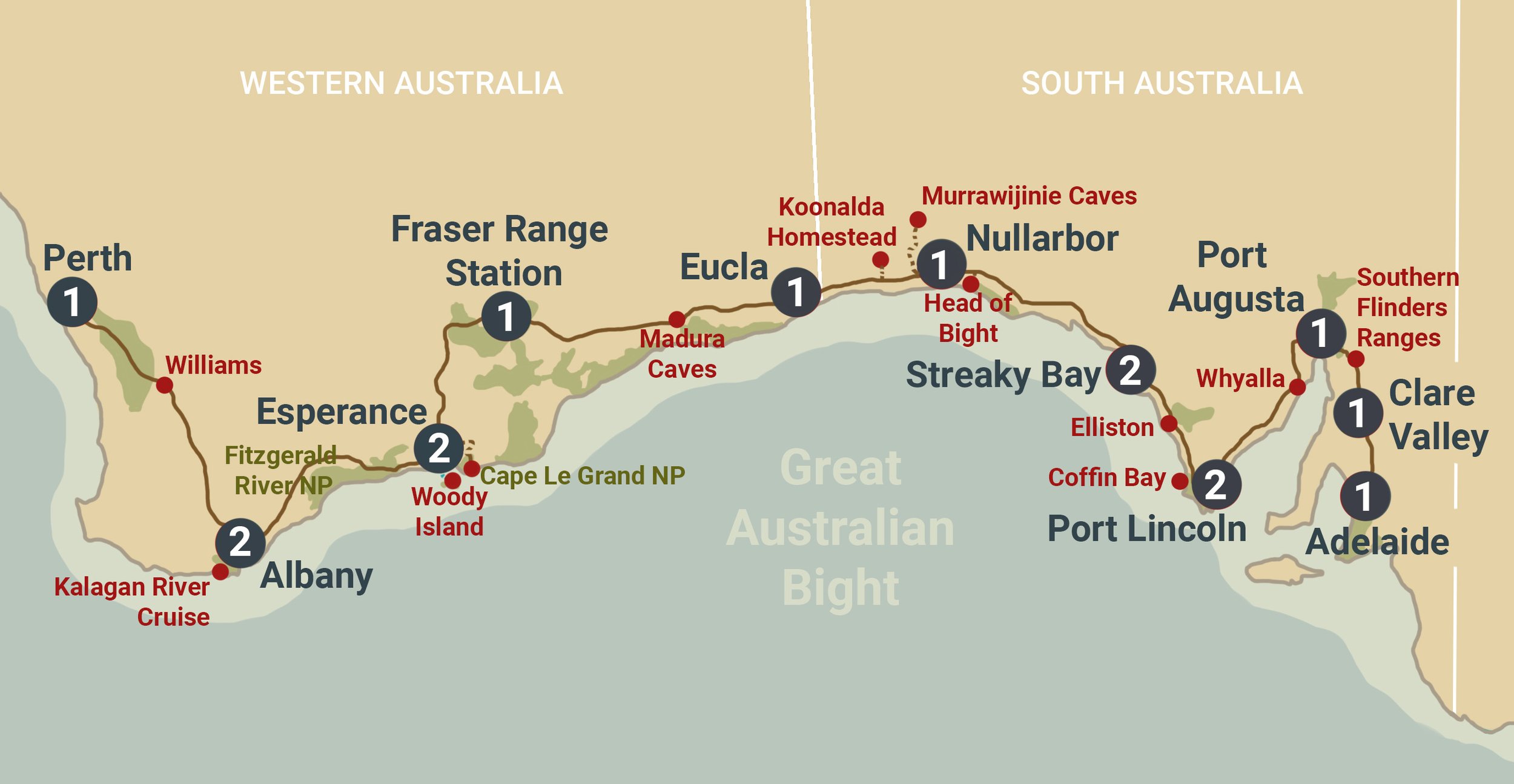 Nullarbor and Southern Ocean Tour route map